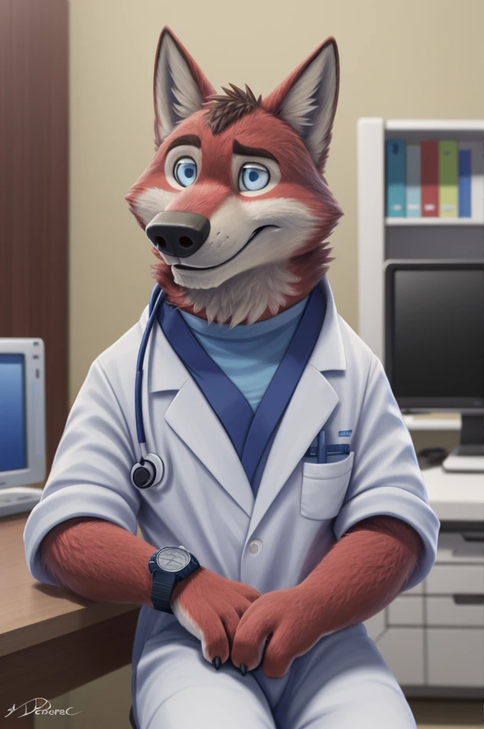Joachim Wolfbach (Zootopia),tall handsome, wolf,young, 24 years, brown fur,(red body:1.3),Blue eyes, Moscow Dressed, in a medical suit, green stethoscope, cardiac surgeon,canine, wolf, detailed fur, Male, antro, paw pads, finger claws,Prays, at viewer, 5 fingers, paws, 5 fingers, smile, happy, sitting in the office , wrist watch,stethoscope, т nextel, sitting in his office at home, by xenoforge, (difficult, high detail, digital, photo, soft focus, RAW, dct doctor, hospital, Kids toys,
photorealism, realistic, photorealistic, analog style, subsurface scattering, ecg machine masterpiece, Best quality, ultra realistic, 8 K)