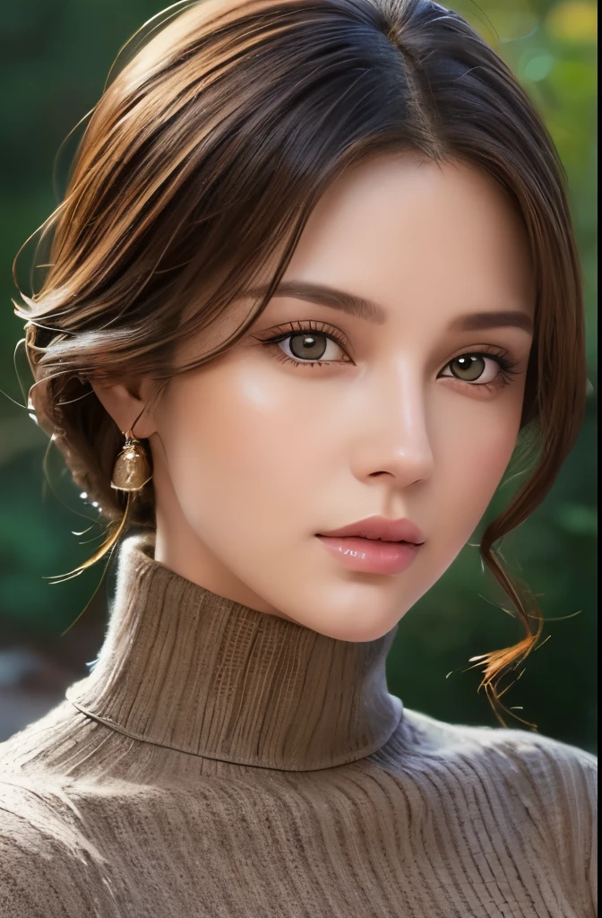 a very beautiful mature woman, in a turtleneck sweater, relaxing in a hot spring, front view, hand-drawn, illustration style, detailed facial features, highly detailed, 8k, photorealistic, beautiful detailed eyes, beautiful detailed lips, extremely detailed face, intricate details, warm color palette, soft lighting, digital painting, masterpiece,
