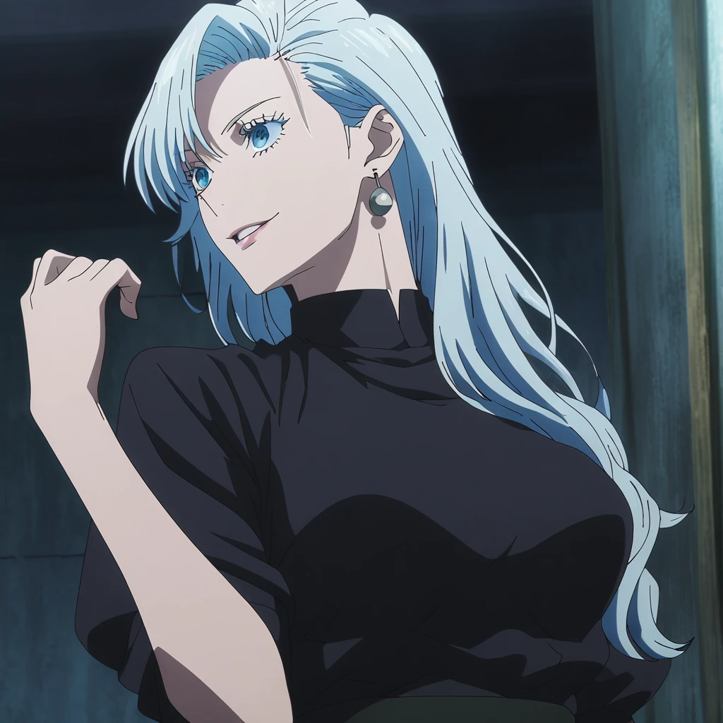 1girl, female gojo satoru, anime screencap from jujutsu kaisen, gojo satoru female version, solo, short_hair, ((Blue eyes, round sunglasses)) ((Silver_hair, hair over ear from one side))((slicked hair)) , night view, (hanging breasts) upper_body, smile, indoors, parted lips, (long hair) ((wearing black colour outfit, glossy)) breast, "very detailed and high resolution" (Blue eyes, round sunglasses) ((solo)) (((front view))) (earings) ((high resolution)) ((good quality)) ((silky hair, hair over ear from one side))((hair slicked)) ((parted lips)) ((one hand on chin))