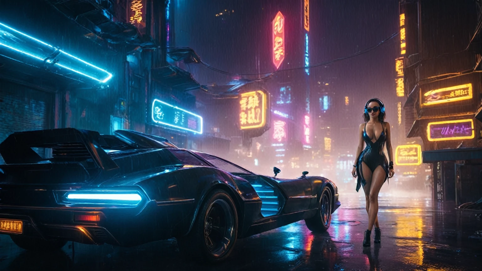 (aerial view, a flying cars docking platform, a very dark abandoned futuristic city, neon lights), rainy night. 1girl, solo, alone, large-breast:1.2 slim body, cleavage:1.1, sexy wind blowing wet dress:1.4, (headphone, black sunglasses), (((((she raised:1.8 a pistol:1.8 and took aim at viewer))))), dynamic pose, (((half-body thigh level medium shot))), cinematic lighting, lens flare, ray tracing.