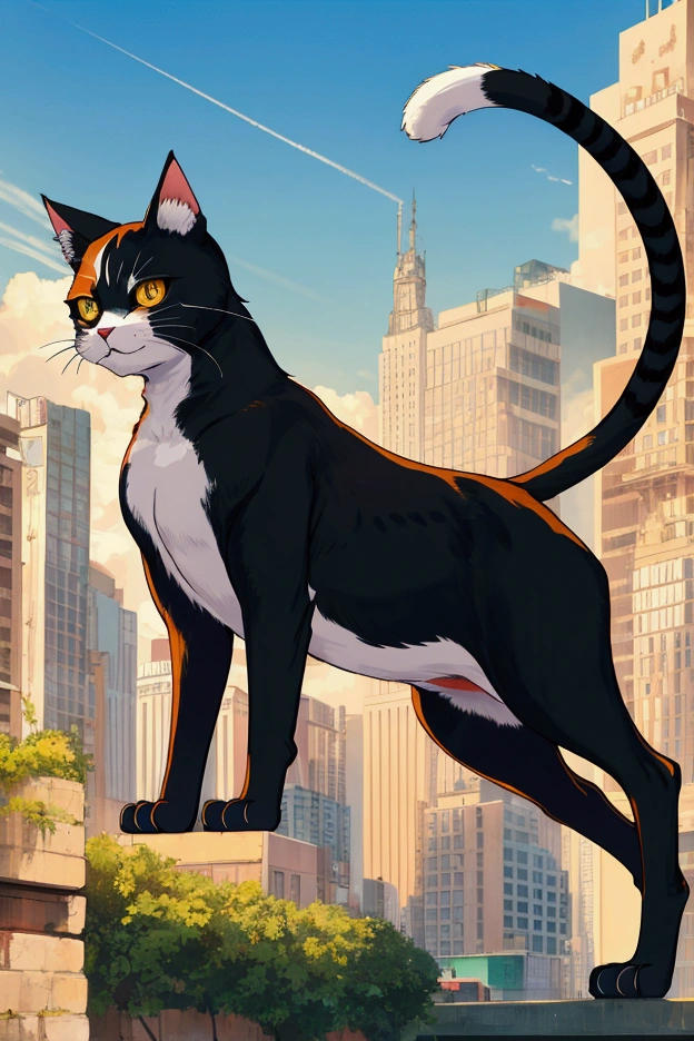 (masterpiece, best quality, vivid colors), a giant cat standing on its hind legs terrorizing the big city!, calico cat, (Alone), yellow eyes