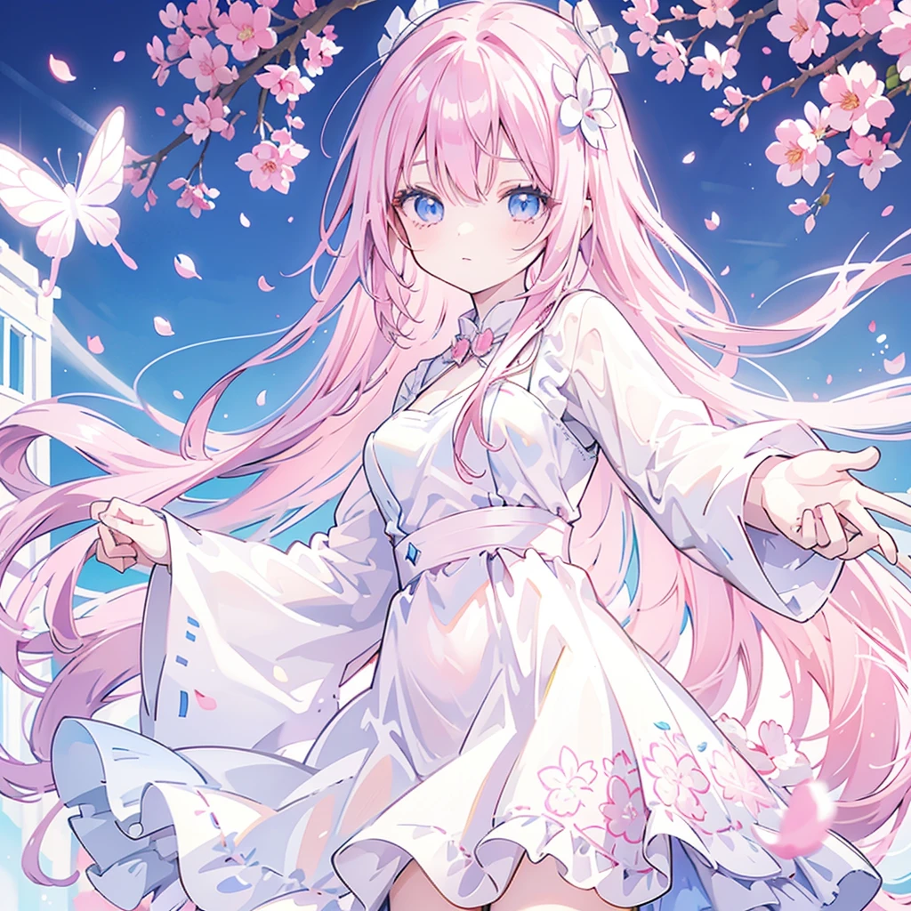 Pink hair, anime girl, long hair, cute girl, beautiful blue eyes, flower petals, pink tone, pale skin, white dress, masterpiece, HD, 4K, pink wings, angel, rose, fantasy, butterfly