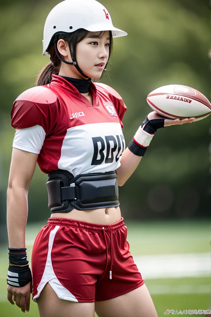 16K，Ultra HD，Jilin beauty rugby player，Football Helmet Red，Football Breastplate Shoulder Pads，Very tall body