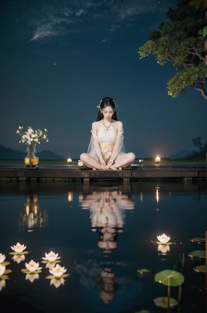 (((best quality))),(((ultra detailed))),(((masterpiece))),illustration,((1 beautiful young girl,solo)),((slim,thin)),(shoulder length straight hair:1.2),((earrings,necklace)),((small breasts,flat chest)),(see through traditional pink sheer Hanfu dress:1.3),((slender legs,bare legs,loafers)),(beside the lotus pond full of lotus flowers:1.3), serene moonlight, ethereal,floral pattern, water movement, billowing fabric, tranquil, moon reflection, petals, fireflies, magical, light,warm light, dreams, invitation, (sitting:1.3),(arms behind back:1.3),(spread legs apart:1.3),gazing, reflection, inner thoughts, emotional, sweet scent, natural beauty, solitude, hypnotic lull, eternal summer,(night scene:1.3), natural world, human spirit, celebration, backdrop, water, glow,((from front,full body))