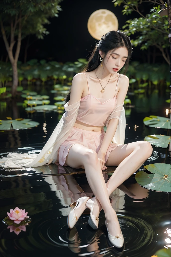 (((best quality))),(((ultra detailed))),(((masterpiece))),illustration,((1 beautiful young girl,solo)),((slim,thin)),(shoulder length straight hair:1.2),((earrings,necklace)),((small breasts,flat chest)),(see through traditional pink sheer Hanfu dress:1.3),((slender legs,bare legs,loafers)),(beside the lotus pond full of lotus flowers:1.3), serene moonlight, ethereal,floral pattern, water movement, billowing fabric, tranquil, moon reflection, petals, fireflies, magical, light,warm light, dreams, invitation, (sitting:1.3),(arms behind back:1.3),(spread legs apart:1.3),gazing, reflection, inner thoughts, emotional, sweet scent, natural beauty, solitude, hypnotic lull, eternal summer,(night scene:1.3), natural world, human spirit, celebration, backdrop, water, glow,((from front,full body))