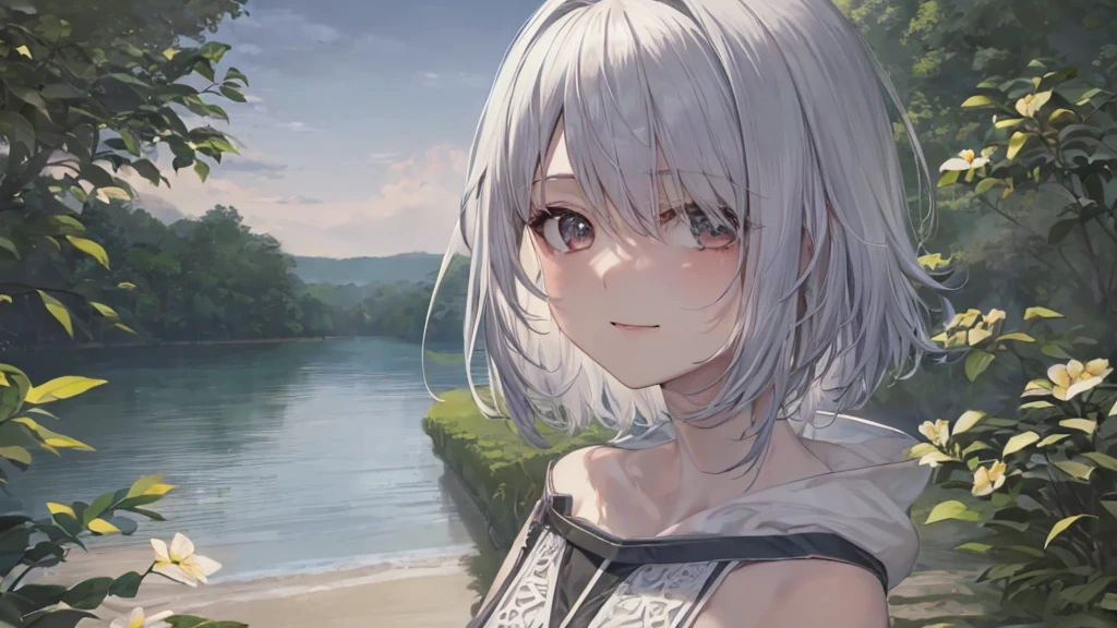 Ultra HD,Look at the viewers, Put your hands behind your back, With a girl, 20-year-old, 非常にShort Hair, Long bangs between the eyes, Pale blue eyes, Very detailed,(masterpiece、Highest quality),Gray Hair、Laughter、Fantastic, Silver Hair, Iris, Short hair、 Fluttering Hair、Small Face、明るいsmile、(Detailed face) ,Professional Lighting,Wonderful landscape,blue sky, sunlight,Looking down from above,Portraiture、Open your mouth、Flower Field、Her eyes were shining、Mysterious and enchanting atmosphere。With AI Painting、とてもShort Hair, Long bangs between the eyes, Very detailed,(masterpiece、Highest quality)、alone、Gray Hair、Fantasy, Silver Hair, Fantasyな風景、smile、Open your mouth、short hair、Short Hair、hairpin、black eye、Grey Eyes、Beautiful Eyes、Black Shirt、White hoodie