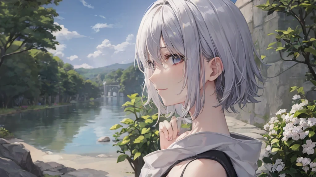 Ultra HD,Look at the viewers, Put your hands behind your back, With a girl, 20-year-old, 非常にShort Hair, Long bangs between the eyes, Pale blue eyes, Very detailed,(masterpiece、Highest quality),Gray Hair、Laughter、Fantastic, Silver Hair, Iris, Short hair、 Fluttering Hair、Small Face、明るいsmile、(Detailed face) ,Professional Lighting,Wonderful landscape,blue sky, sunlight,Looking down from above,Portraiture、Open your mouth、Flower Field、Her eyes were shining、Mysterious and enchanting atmosphere。With AI Painting、とてもShort Hair, Long bangs between the eyes, Very detailed,(masterpiece、Highest quality)、alone、Gray Hair、Fantasy, Silver Hair, Fantasyな風景、smile、Open your mouth、short hair、Short Hair、hairpin、black eye、Grey Eyes、Beautiful Eyes、Black Shirt、White hoodie