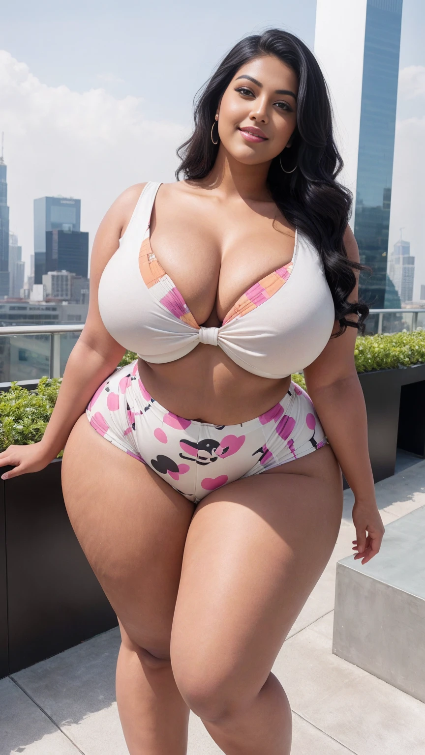 swastika mukharjee Indian beautiful woman curvy plus size hour glass bulky huge figure woman, closeup camera view, big huge m-cup breast, wearing SHEIN Young Girl Cartoon Graphic Bow Front Tee & Dalmatian Print Shorts Color: Apricot, covered Bust , elegant standing position, eye contact view, different style hairstyle, bright eyes, thin eyebrows, fair skin, blushing cheeks, prefect head to toe view, full body, ideal for high-fashion or editorial shoots, ultra realistic skin texture, head to toe view, full body shot, full body view, smile face, black hair, Indian face, perfect skin tone light, ultra realistic skin texture, bigger waist, busty, big hips, fleshy thighs, thick thighs, busty, full body view, Urban Rooftop Garden: Green oasis amidst skyscrapers.