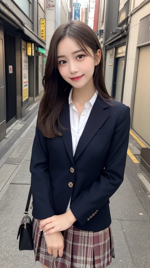 Highest quality, Very detailed, finely, High resolution, 8k wallpaper, Perfect dynamic composition, Beautiful and exquisite,ランダムなcute髪,,Natural color lip, Bold sexy pose,smile、20-year-old girl、cute、Looking into the camera,,Perfect and beautiful face,Slim face and figure,Big eyes、Gal Makeup,Small face,Shooting from below、smile,Blurred Background,Elegant feminine face、Change pose randomly、Randomly change the shooting angle and position、smile、Top to bottom々Shoot from the right angle and direction、Sexy Face、Standing in the streets of Asakusa、School Blazer Uniform