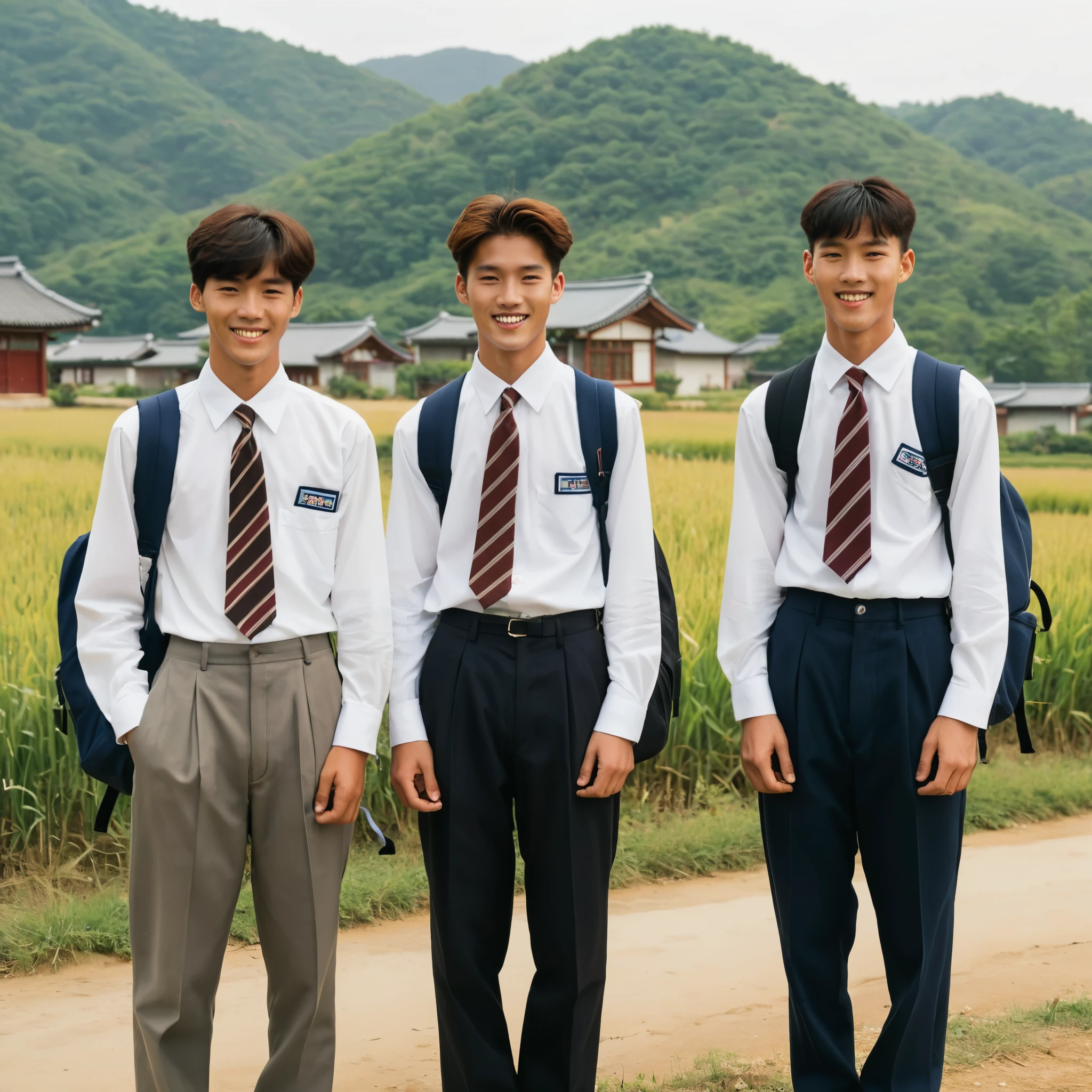 A group of three 19-year-old high school boys from a rural area in South Korea in the 2000s, standing outside with slightly tan complexions. They are all wearing typical 1990s school uniforms: white shirts, striped ties, and dark trousers. Their hair is short and neatly combed in classic 90s styles. One boy carries a vintage backpack over one shoulder, while the other two have their hands in their pockets. Their posture is relaxed yet slightly reserved, with one of them smiling shyly. The background features a picturesque countryside scene with fields, traditional Korean houses, and a distant mountain range under a clear blue sky. The overall vibe captures the nostalgic essence of the 2000s in rural South Korea.