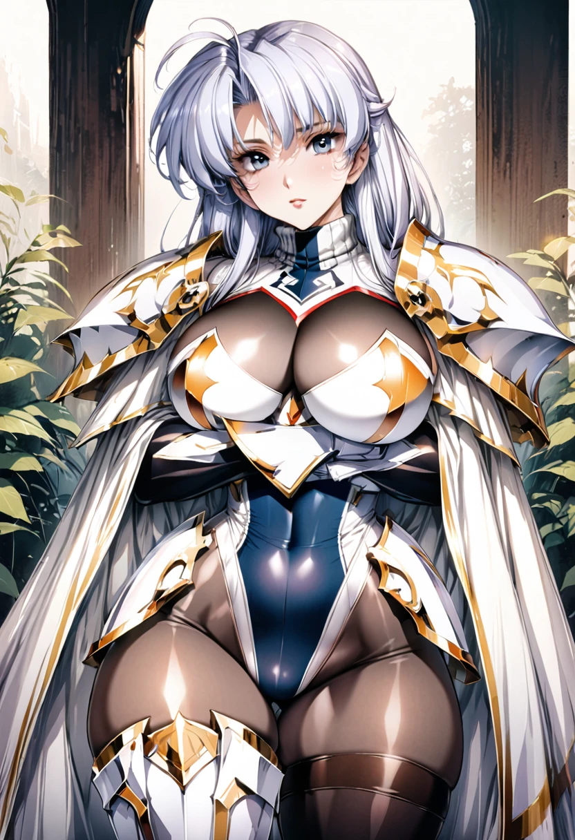 ((highest quality)), ((masterpiece)), ((hyperrealistic)), (detailed background), 1girl, ((curvy: 1.2)), perfect face, Langrisser, squatting, ((Turtleneck racing leotard: 1.5)), ((catsuit)), ((white paladin armor: 1.3)), ((long skirt)), (cloak de cour), gauntlet, gloves, silver straight hair, ahoge, parted bangs, (huge breasts), (see-through cleavage cutout), (pantyhose thigh), (zettai ryouiki armored thigh high boots), beautiful eyes, Perfect hands, perfect fingers,