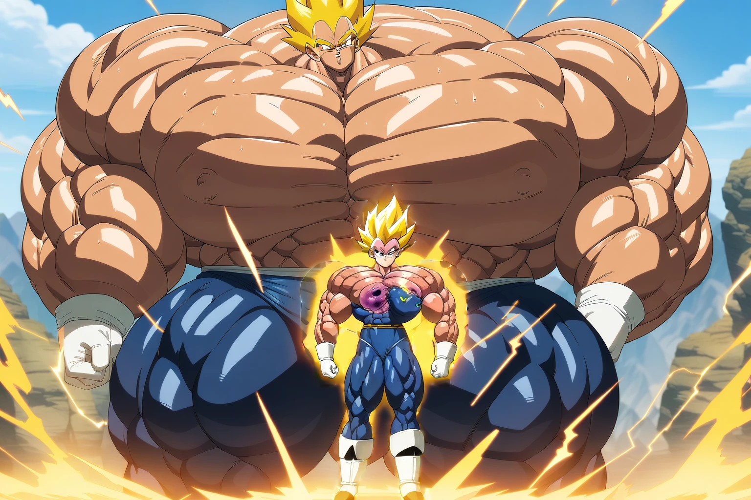 1boy, Vegeta, from Dragon Ball Z, masterpiece, best quality, very aesthetic, absurdres, saiyan, green eyes, spiked hair, (yellow hair:1.5), shirtless, blue skintight pants, white gloves, (huge muscles:2.5), dragonballartstyle, in the style of Akira Toriyama, white tiled floor, outdoors, flat-top mountains, nipples, yellow aura, electricity, (remove covered part:2)