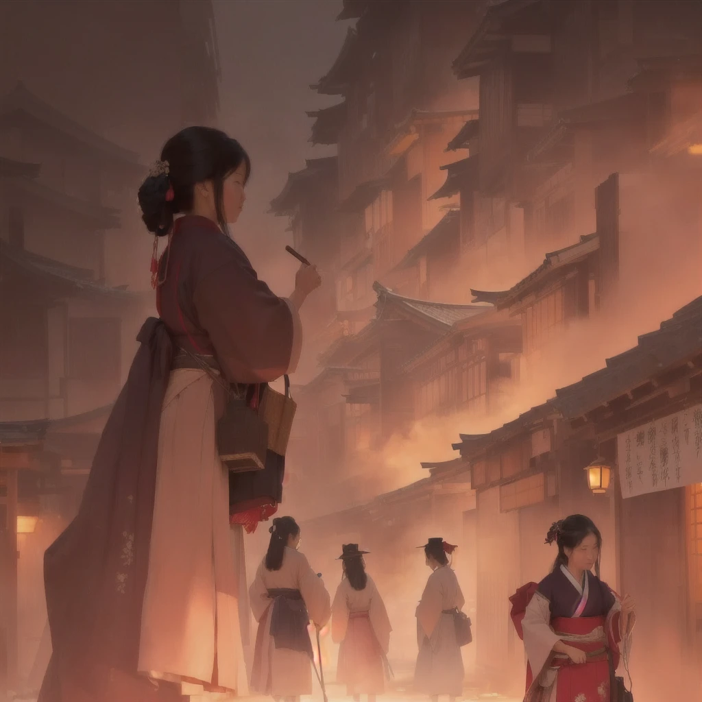 A woman walking down the street with fire in the background, an ancient city on fire, Beautiful artwork illustration, Written by Zou Zhe, Inspired by Chung Fenghua, Bayard Wu, Jan J, by Han Gan, Concept art Great atmosphere, illustration concept art, Written by Len Mei, by 下尾Blazing flames, fire, crowd, throng, freezing, mother warming her baby.Scenery and Cityscape in the Early Meiji Era After the Meiji Restoration, Japan underwent rapid modernization and civilization. Consequently, many changes and reforms occurred. Below is a detailed explanation of the scenery, appearance of the poor, occupations, and cityscapes in the early Meiji period (1868 to the early 1880s). 2. Appearance of the Poor Life for the impoverished and lower classes remained harsh. In particular, in urban areas, people migrated from rural areas or unemployed artisans gathered, intensifying competition in the labor market. Many of them struggled with poverty, often residing in slums or around temples. 3. Occupations Meiji early Japan witnessed a diversification of occupations. Traditional agriculture and handicrafts were accompanied by the rise of modern industry and commerce. Particularly in urban areas, factory workers, shop clerks, and transporters increased, giving rise to new professions. However, many in these occupations endured harsh working conditions. 4. Influence of Civilization and Enlightenment During the Meiji era, Western cultural influences spread rapidly. Changes in clothing, dietary habits, and the proliferation of Western-style architecture advanced, especially in urban areas. Conversely, this development posed a threat to traditional culture and lifestyles, resulting in societal upheaval and adaptation challenges. 5. Social Change and Policy Influence While promoting modernization policies, the government also addressed poverty and social issues. Legislation for labor protection and charitable activities to aid the poor were implemented. Nevertheless, living conditions for the impoverished scarcely improved. The early Meiji period marked a rapid transformation in Japan, with complex social landscapes involving chal