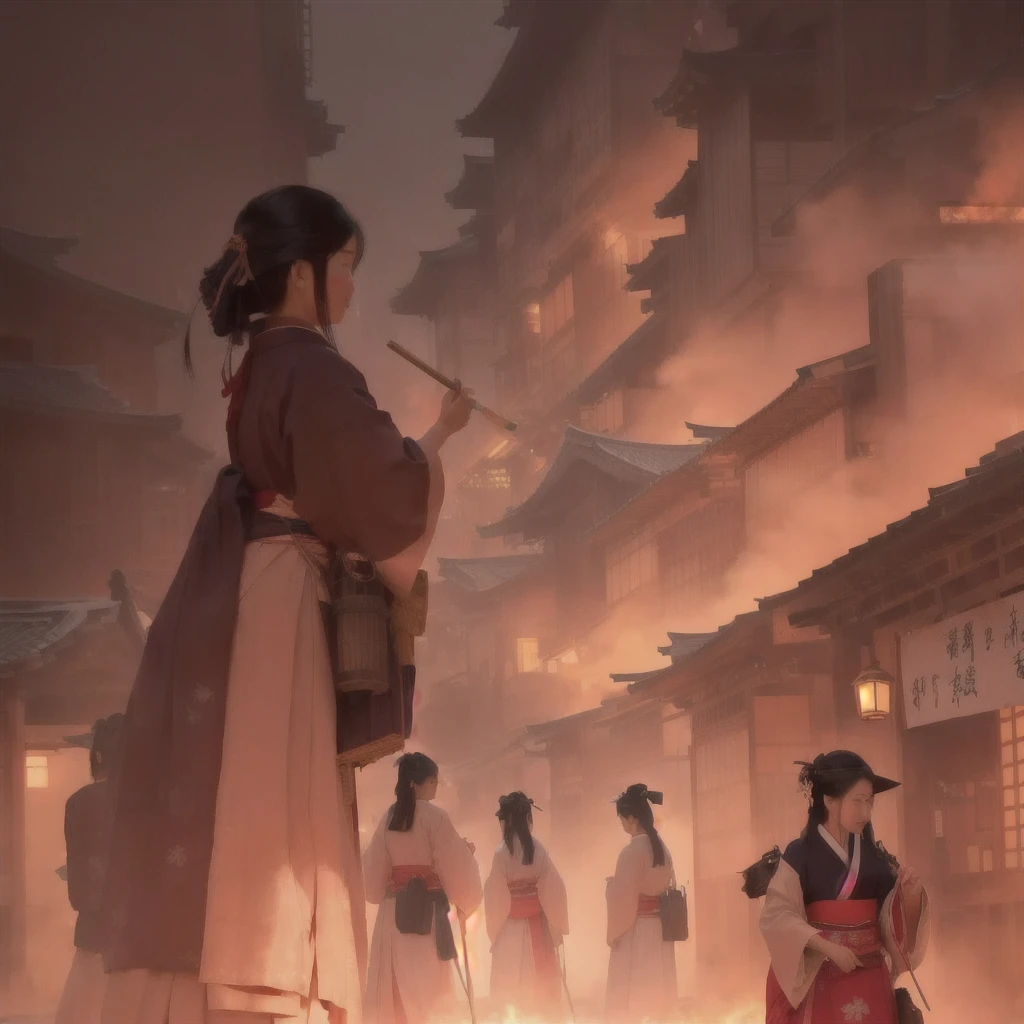 A woman walking down the street with fire in the background, an ancient city on fire, Beautiful artwork illustration, Written by Zou Zhe, Inspired by Chung Fenghua, Bayard Wu, Jan J, by Han Gan, Concept art Great atmosphere, illustration concept art, Written by Len Mei, by 下尾Blazing flames, fire, crowd, throng, freezing, mother warming her baby.Scenery and Cityscape in the Early Meiji Era After the Meiji Restoration, Japan underwent rapid modernization and civilization. Consequently, many changes and reforms occurred. Below is a detailed explanation of the scenery, appearance of the poor, occupations, and cityscapes in the early Meiji period (1868 to the early 1880s). 2. Appearance of the Poor Life for the impoverished and lower classes remained harsh. In particular, in urban areas, people migrated from rural areas or unemployed artisans gathered, intensifying competition in the labor market. Many of them struggled with poverty, often residing in slums or around temples. 3. Occupations Meiji early Japan witnessed a diversification of occupations. Traditional agriculture and handicrafts were accompanied by the rise of modern industry and commerce. Particularly in urban areas, factory workers, shop clerks, and transporters increased, giving rise to new professions. However, many in these occupations endured harsh working conditions. 4. Influence of Civilization and Enlightenment During the Meiji era, Western cultural influences spread rapidly. Changes in clothing, dietary habits, and the proliferation of Western-style architecture advanced, especially in urban areas. Conversely, this development posed a threat to traditional culture and lifestyles, resulting in societal upheaval and adaptation challenges. 5. Social Change and Policy Influence While promoting modernization policies, the government also addressed poverty and social issues. Legislation for labor protection and charitable activities to aid the poor were implemented. Nevertheless, living conditions for the impoverished scarcely improved. The early Meiji period marked a rapid transformation in Japan, with complex social landscapes involving chal