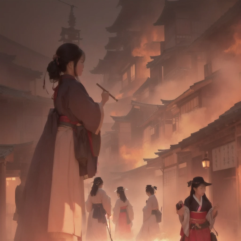 A woman walking down the street with fire in the background, an ancient city on fire, Beautiful artwork illustration, Written by Zou Zhe, Inspired by Chung Fenghua, Bayard Wu, Jan J, by Han Gan, Concept art Great atmosphere, illustration concept art, Written by Len Mei, by 下尾Blazing flames, fire, crowd, throng, freezing, mother warming her baby.Scenery and Cityscape in the Early Meiji Era After the Meiji Restoration, Japan underwent rapid modernization and civilization. Consequently, many changes and reforms occurred. Below is a detailed explanation of the scenery, appearance of the poor, occupations, and cityscapes in the early Meiji period (1868 to the early 1880s). 2. Appearance of the Poor Life for the impoverished and lower classes remained harsh. In particular, in urban areas, people migrated from rural areas or unemployed artisans gathered, intensifying competition in the labor market. Many of them struggled with poverty, often residing in slums or around temples. 3. Occupations Meiji early Japan witnessed a diversification of occupations. Traditional agriculture and handicrafts were accompanied by the rise of modern industry and commerce. Particularly in urban areas, factory workers, shop clerks, and transporters increased, giving rise to new professions. However, many in these occupations endured harsh working conditions. 4. Influence of Civilization and Enlightenment During the Meiji era, Western cultural influences spread rapidly. Changes in clothing, dietary habits, and the proliferation of Western-style architecture advanced, especially in urban areas. Conversely, this development posed a threat to traditional culture and lifestyles, resulting in societal upheaval and adaptation challenges. 5. Social Change and Policy Influence While promoting modernization policies, the government also addressed poverty and social issues. Legislation for labor protection and charitable activities to aid the poor were implemented. Nevertheless, living conditions for the impoverished scarcely improved. The early Meiji period marked a rapid transformation in Japan, with complex social landscapes involving chal