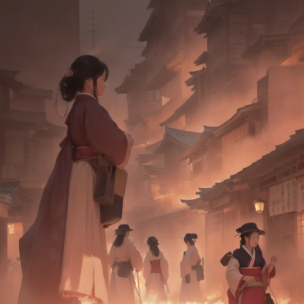 A woman walking down the street with fire in the background, an ancient city on fire, Beautiful artwork illustration, Written by Zou Zhe, Inspired by Chung Fenghua, Bayard Wu, Jan J, by Han Gan, Concept art Great atmosphere, illustration concept art, Written by Len Mei, by 下尾Blazing flames, fire, crowd, throng, freezing, mother warming her baby.Scenery and Cityscape in the Early Meiji Era After the Meiji Restoration, Japan underwent rapid modernization and civilization. Consequently, many changes and reforms occurred. Below is a detailed explanation of the scenery, appearance of the poor, occupations, and cityscapes in the early Meiji period (1868 to the early 1880s). 2. Appearance of the Poor Life for the impoverished and lower classes remained harsh. In particular, in urban areas, people migrated from rural areas or unemployed artisans gathered, intensifying competition in the labor market. Many of them struggled with poverty, often residing in slums or around temples. 3. Occupations Meiji early Japan witnessed a diversification of occupations. Traditional agriculture and handicrafts were accompanied by the rise of modern industry and commerce. Particularly in urban areas, factory workers, shop clerks, and transporters increased, giving rise to new professions. However, many in these occupations endured harsh working conditions. 4. Influence of Civilization and Enlightenment During the Meiji era, Western cultural influences spread rapidly. Changes in clothing, dietary habits, and the proliferation of Western-style architecture advanced, especially in urban areas. Conversely, this development posed a threat to traditional culture and lifestyles, resulting in societal upheaval and adaptation challenges. 5. Social Change and Policy Influence While promoting modernization policies, the government also addressed poverty and social issues. Legislation for labor protection and charitable activities to aid the poor were implemented. Nevertheless, living conditions for the impoverished scarcely improved. The early Meiji period marked a rapid transformation in Japan, with complex social landscapes involving chal