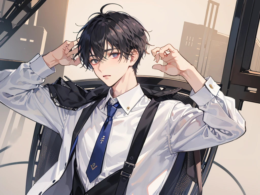 1 boy,((alone)),adult ,suit,white shirt,Upper body,tie,dark circles under the eyes,pants,highest quality,考える