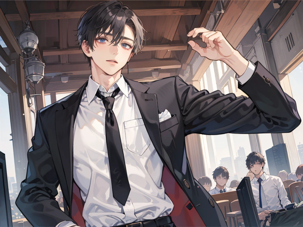 1 boy,((alone)),adult ,suit,white shirt,Upper body,tie,dark circles under the eyes,pants,highest quality,考える