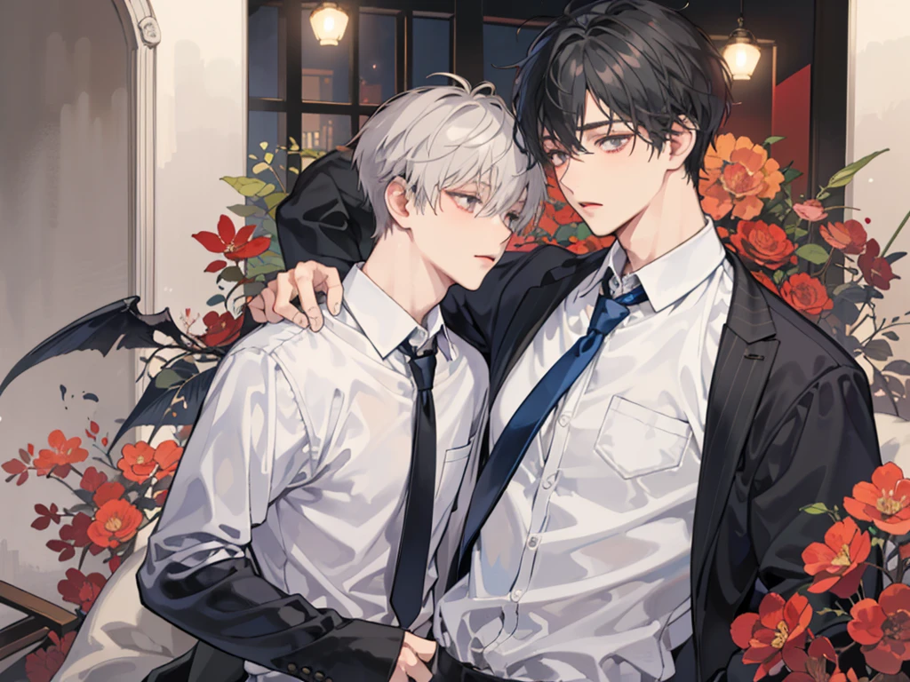 1 boy,((alone)),adult ,suit,white shirt,Upper body,tie,dark circles under the eyes,pants,highest quality,考える