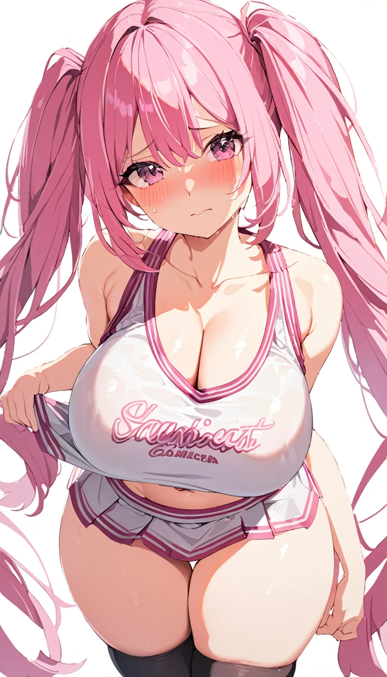 16K,1girl,pink hair,pink eyes,long hair,long twintail,blush,embarrassed,((big breast)),white background,from front,Cheerleader,Open-chested clothing,belly button,((thick thighs)),masterpiece,beautiful,super detail 