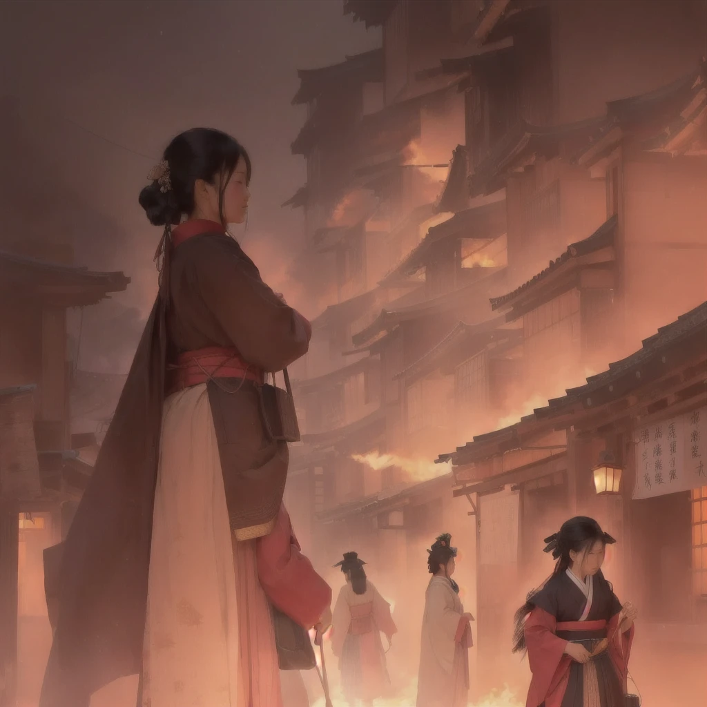 A woman walking down the street with fire in the background, an ancient city on fire, Beautiful artwork illustration, Written by Zou Zhe, Inspired by Chung Fenghua, Bayard Wu, Jan J, by Han Gan, Concept art Great atmosphere, illustration concept art, Written by Len Mei, by 下尾Blazing flames, fire, crowd, throng, freezing, mother warming her baby.Scenery and Cityscape in the Early Meiji Era After the Meiji Restoration, Japan underwent rapid modernization and civilization. Consequently, many changes and reforms occurred. Below is a detailed explanation of the scenery, appearance of the poor, occupations, and cityscapes in the early Meiji period (1868 to the early 1880s). 2. Appearance of the Poor Life for the impoverished and lower classes remained harsh. In particular, in urban areas, people migrated from rural areas or unemployed artisans gathered, intensifying competition in the labor market. Many of them struggled with poverty, often residing in slums or around temples. 3. Occupations Meiji early Japan witnessed a diversification of occupations. Traditional agriculture and handicrafts were accompanied by the rise of modern industry and commerce. Particularly in urban areas, factory workers, shop clerks, and transporters increased, giving rise to new professions. However, many in these occupations endured harsh working conditions. 4. Influence of Civilization and Enlightenment During the Meiji era, Western cultural influences spread rapidly. Changes in clothing, dietary habits, and the proliferation of Western-style architecture advanced, especially in urban areas. Conversely, this development posed a threat to traditional culture and lifestyles, resulting in societal upheaval and adaptation challenges. 5. Social Change and Policy Influence While promoting modernization policies, the government also addressed poverty and social issues. Legislation for labor protection and charitable activities to aid the poor were implemented. Nevertheless, living conditions for the impoverished scarcely improved. The early Meiji period marked a rapid transformation in Japan, with complex social landscapes involving chal