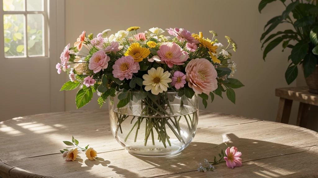 (High resolution,Realistic:1.2),Bright flowers,Blooming Garden,Natural light,Botanical illustration,beautiful detailed petals,Colorful flower arrangement,Fragrant flowers,Subtle Shadows,Soft Focus,Ethereal atmosphere,Delicate stems and leaves,Beautiful pastel colors,Impressionist brush strokes.