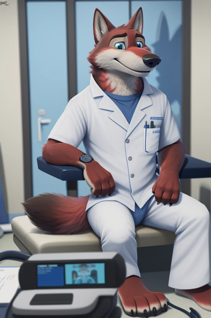 Joachim Wolfbach (Zootopia),tall handsome, wolf,young, 24 years, brown fur,(red body:1.3),Blue eyes, Moscow Dressed, in a medical suit, green stethoscope, cardiac surgeon,canine, wolf, detailed fur, Male, antro, paw pads, finger claws,Prays, at viewer, 5 fingers, paws, 5 fingers, smile, happy, sitting in the office , wrist watch,stethoscope, т nextel, sitting in his office at home, by xenoforge, (difficult, high detail, digital, photo, soft focus, RAW, dct doctor, hospital, Kids toys, expecting children, 13 детская hospital имени Филатова.
photorealism, realistic, photorealistic, analog style, subsurface scattering, ecg machine masterpiece, Best quality, ultra realistic, 8 K)