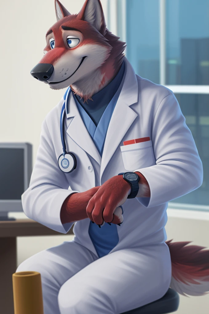 Joachim Wolfbach (Zootopia),tall handsome, wolf,young, 24 years, brown fur,(red body:1.3),Blue eyes, Moscow Dressed, in a medical suit, green stethoscope, cardiac surgeon,canine, wolf, detailed fur, Male, antro, paw pads, finger claws,Prays, at viewer, 5 fingers, paws, 5 fingers, smile, happy, sitting in the office , wrist watch,stethoscope, т nextel, sitting in his office at home, by xenoforge, (difficult, high detail, digital, photo, soft focus, RAW, dct doctor, hospital, Kids toys, expecting children, 13 детская hospital имени Филатова.
photorealism, realistic, photorealistic, analog style, subsurface scattering, ecg machine masterpiece, Best quality, ultra realistic, 8 K)