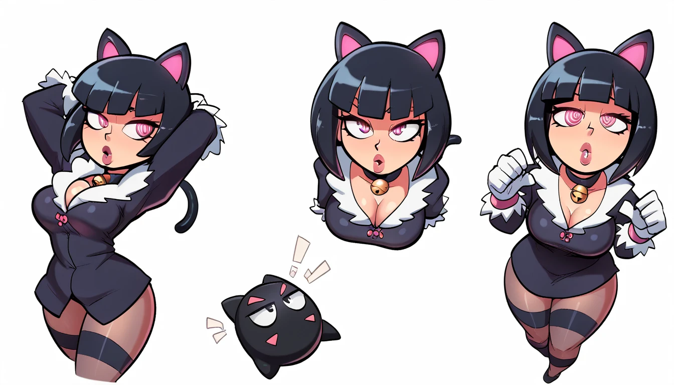 Here is the description with more details and NSFW elements:

**punctuation_9**  
**punctuation_8_High above**  
**punctuation_7_High above**  
**punctuation_6_High above**  
**punctuation_5_High above**  
**punctuation_4_High above**  

very detailed image, anime girl with black hair, darkskin, thick lips, long eyelashes, Severe expression, standing, Blunt bangs, grown-up, breaking the ground, breasts big, grown-up, slim, Curvy Body, Waist slender, accentuated hips, arched back, tight slit, wearing black cat costume, simple background, innocent, kind, adorable, dressed as a black cat with a big chest, fluffy chest, in pajamas, anime cel shaded, breasts covered, Kantai Collection Style, anime moe art style, whitegloves, seductive anime girl, very sexy sleepwear, tight and transparent, purple spiral eyes, White background, large pillow is a black stuffed cat, suggestive posing, provocative expression, NSFW details like see-through clothing partially revealing skin, hint of nudity beneath the black cat costume, Erotic and seductive atmosphere.