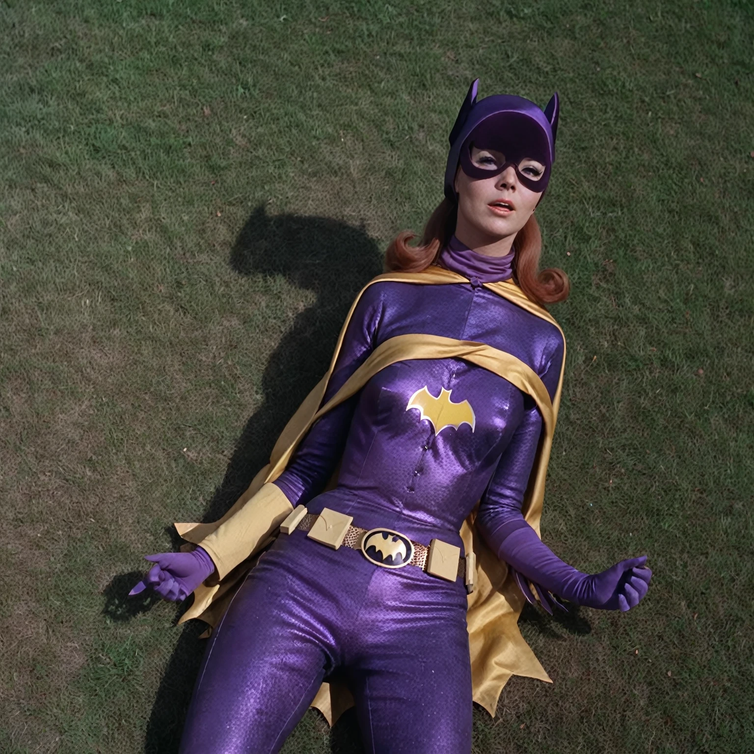yvonne craig woman, in peril, shrugged shoulders, her body is tied, she squeezed, she is in pain , 60's style, analog film, on grass, film grain