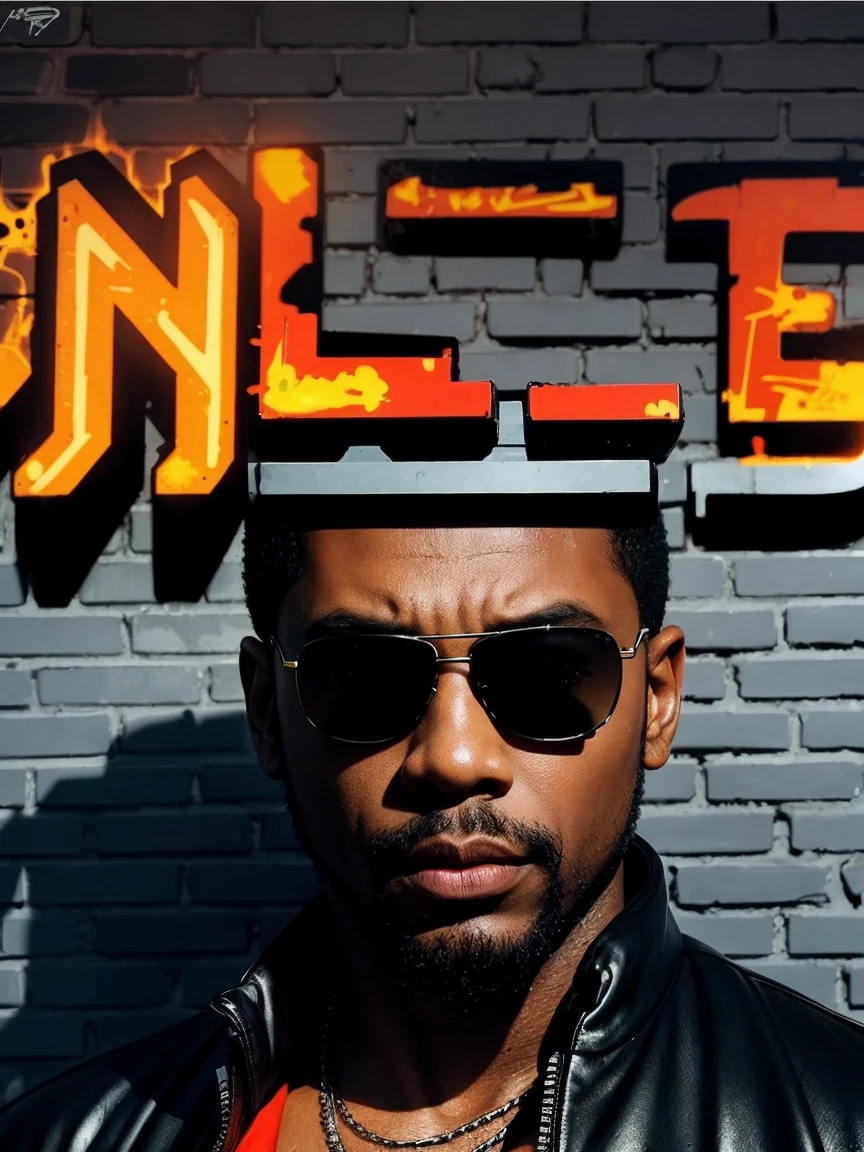 spray paint letters black man and sunglasses on brick wall and letters graffiti and lines of fire, cyberpunk style, graffiti background on the wall, best quality, masterpiece, digital art style, details, graffiti letters, gta style