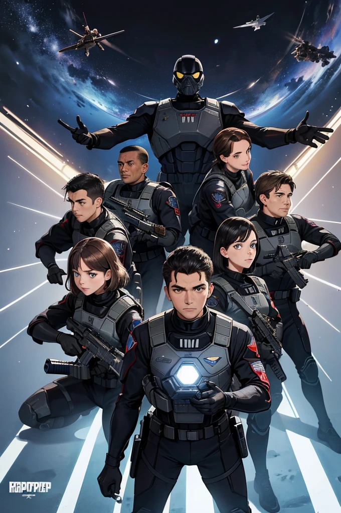 affiche de film inspirer de "Starship troopers", army propaganda poster "mobile infantry" de starship troopers, avec un soldats en armure dans le style de starship troopers, se battant contre des arachnides de starship troopers; add "Starship troopers" écrit en blanc métallique en haut centré