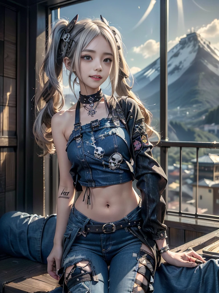 (Beautiful lips and nose:1.4)、(Long eyelashes:1.4)、(Smiling with teeth showing:1.3),(Shibuya Gal:1.5)、(Gothic Lolita delicately decorated dress:1.5)、(Tattered denim and black punk rock cargo pants:1.5)、(Denim and black navy skull mark small jacket:1.4)、(denim garter belt:1.5)、(Black and denim knee socks:1.3)、(Skull Silver Accessories:1.5)、(Denim collar:1.3)、(Brown Skin Belt:1.4)、(Brown boots:1.2)、(The underwear is striped:1.4)、31 years old、((Highest quality、In 8K、masterpiece:1.3))、Sharp focus:1.2、(Layered Cut、Huge boobs:1.1),Beautiful woman with perfect figure:1.4、(Dancing vigorously:1.3)、Slender Abs:1.2、Highly detailed face and skin texture、Detailed eyes、double eyelid,(Twin tails:1.3)、(Cream colored hair:1.3)、Gravure idol、(The background is a vast mountain with a clear view々Beautiful luxury resort destination in Europe:1.3)、(Slim Body:1.2),(Make your legs thinner:1.4),(clavicle:1.1)