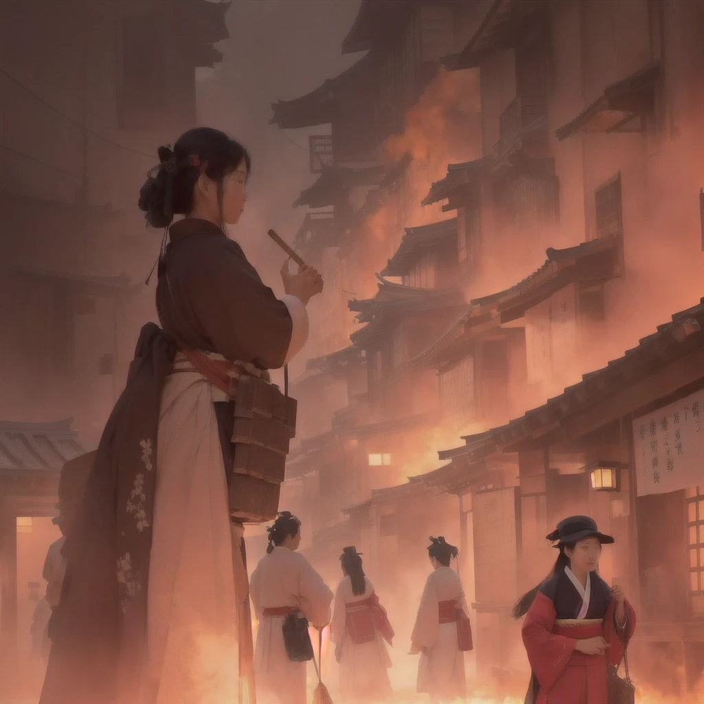A woman walking down the street with fire in the background, an ancient city on fire, Beautiful artwork illustration, Written by Zou Zhe, Inspired by Chung Fenghua, Bayard Wu, Jan J, by Han Gan, Concept art Great atmosphere, illustration concept art, Written by Len Mei, by 下尾Blazing flames, fire, crowd, throng, freezing, mother warming her baby.Scenery and Cityscape in the Early Meiji Era After the Meiji Restoration, Japan underwent rapid modernization and civilization. Consequently, many changes and reforms occurred. Below is a detailed explanation of the scenery, appearance of the poor, occupations, and cityscapes in the early Meiji period (1868 to the early 1880s). 2. Appearance of the Poor Life for the impoverished and lower classes remained harsh. In particular, in urban areas, people migrated from rural areas or unemployed artisans gathered, intensifying competition in the labor market. Many of them struggled with poverty, often residing in slums or around temples. 3. Occupations Meiji early Japan witnessed a diversification of occupations. Traditional agriculture and handicrafts were accompanied by the rise of modern industry and commerce. Particularly in urban areas, factory workers, shop clerks, and transporters increased, giving rise to new professions. However, many in these occupations endured harsh working conditions. 4. Influence of Civilization and Enlightenment During the Meiji era, Western cultural influences spread rapidly. Changes in clothing, dietary habits, and the proliferation of Western-style architecture advanced, especially in urban areas. Conversely, this development posed a threat to traditional culture and lifestyles, resulting in societal upheaval and adaptation challenges. 5. Social Change and Policy Influence While promoting modernization policies, the government also addressed poverty and social issues. Legislation for labor protection and charitable activities to aid the poor were implemented. Nevertheless, living conditions for the impoverished scarcely improved. The early Meiji period marked a rapid transformation in Japan, with complex social landscapes involving chal