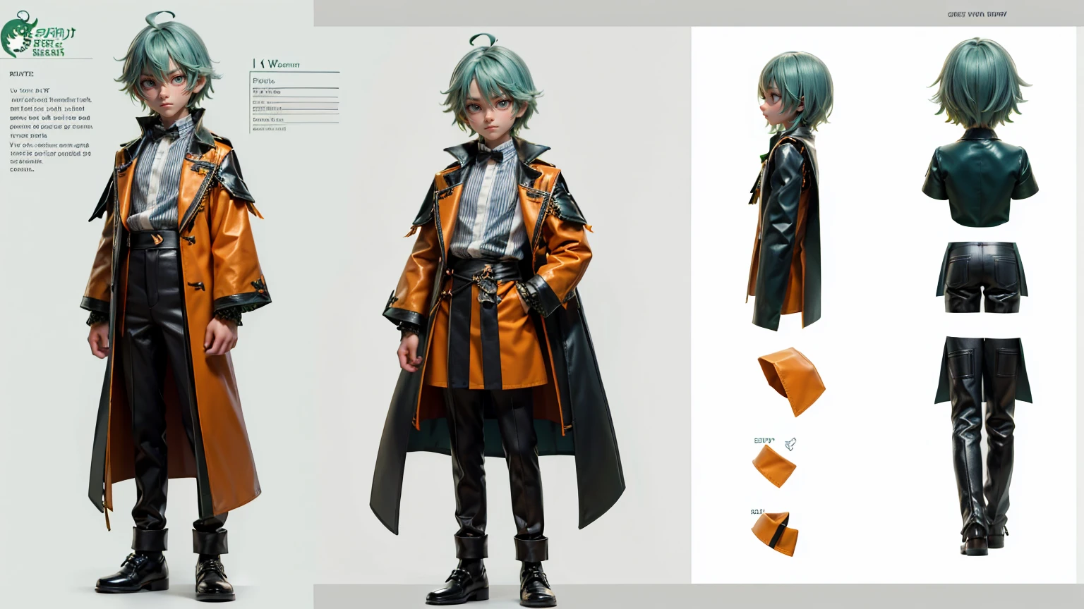 cute face boy, cute face, short height boy, wearing orange pent and shirt dress, full standing pose, side style light green hairs, Character Sheet, 12 yo student, Full body, Simple white background, front pose character reference sheet, Concept art, design sheet