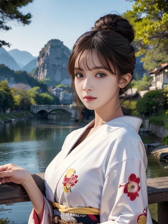 (Highest quality、 8k 、masterpiece、High resolution)、(whole body)、Vibrant colors、Brown-black bob、Traditional round topknot、Ample breasts、(Highly detailed face and eyes、Beautiful Face、Beautiful Eyes、Beautiful nose、Pretty lips)、 (Beautiful woman standing on a riverside observation deck)、(A friendly gaze)、(Oh!！Facial expression that)、(Vivid floral patterned kimono)、Official Art、  The background is a wide river、Nearby bridge、Riverside streetscape、Mountains in the distance、Detailed CG、