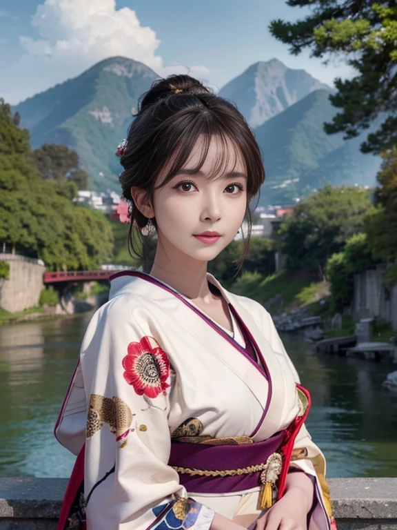(Highest quality、 8k 、masterpiece、High resolution)、(whole body)、Vibrant colors、Brown-black bob、Traditional round topknot、Ample breasts、(Highly detailed face and eyes、Beautiful Face、Beautiful Eyes、Beautiful nose、Pretty lips)、 (Beautiful woman standing on a riverside observation deck)、(A friendly gaze)、(Oh!！Facial expression that)、(Vivid floral patterned kimono)、Official Art、  The background is a wide river、Nearby bridge、Riverside streetscape、Mountains in the distance、Detailed CG、