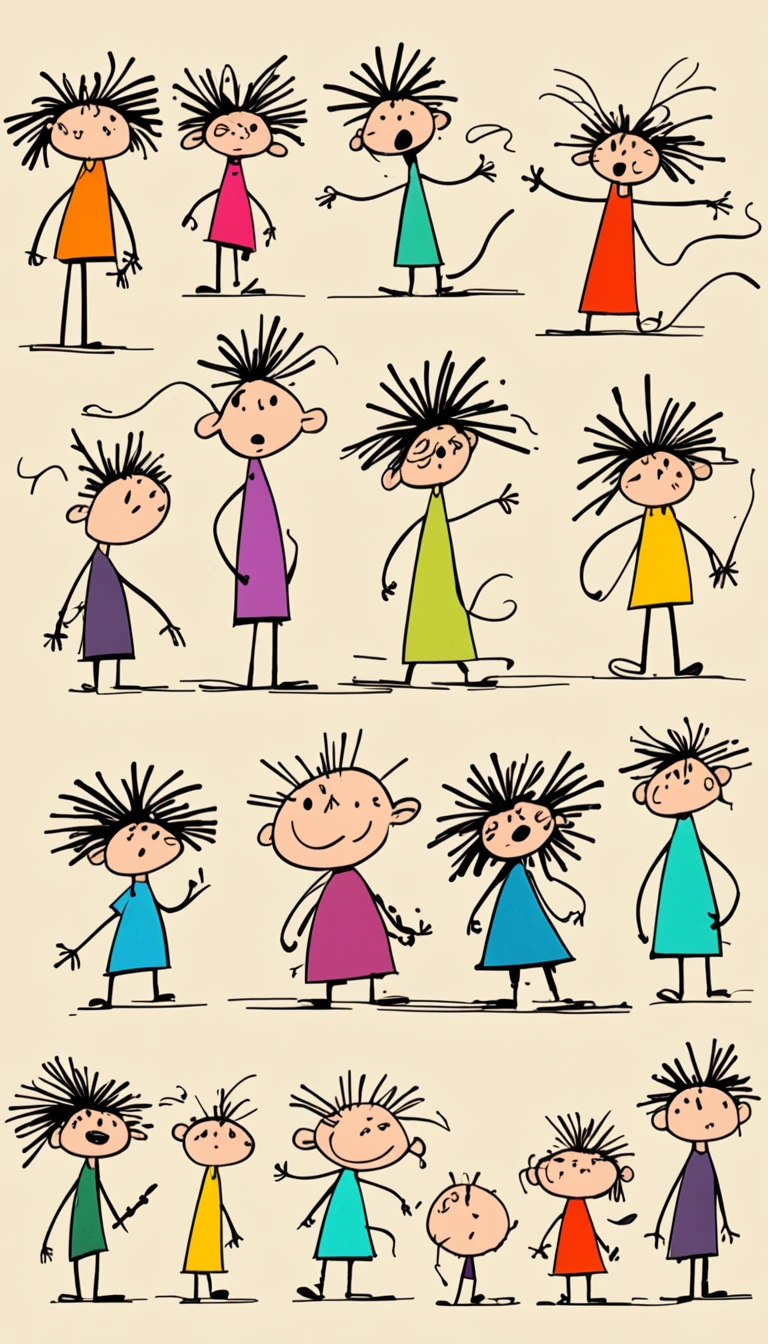 (((Exaggerated digital character sketches:1.37,Matchstick Men))).(1 huge cat:1.little girl,(Exaggerated expression,Exaggerated hairstyle),Messy hair),(Black sketch lines,Loose brushstrokes create the outline,Cartoon Style. Bright colors and simplified lines, sketch)。(Exaggerated body movements),(Large area of blank)