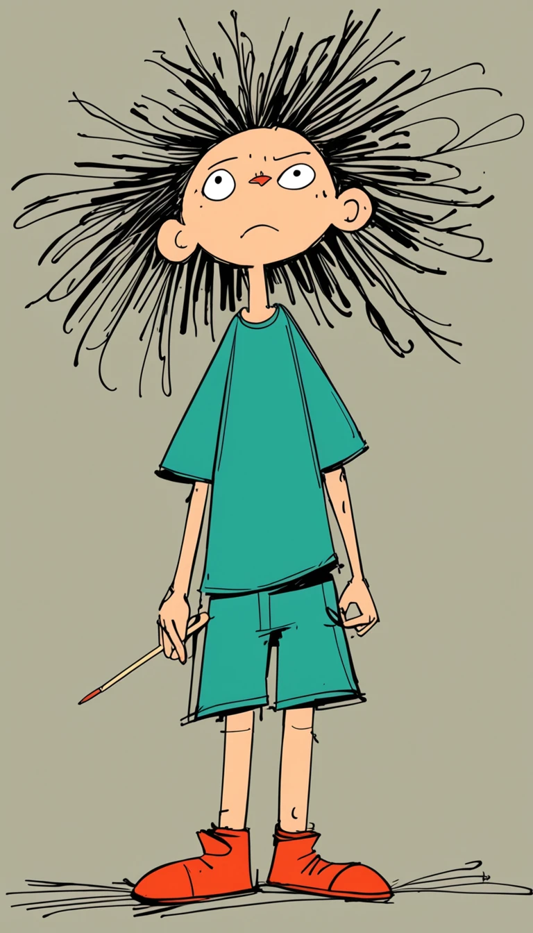 (((Exaggerated digital character sketches:1.37,Matchstick Men))).(1 huge cat:1.,(Exaggerated expression,Exaggerated hairstyle),Messy hair),(Black sketch lines,Loose brushstrokes create the outline,Cartoon Style. Bright colors and simplified lines, sketch)。(Exaggerated body movements),(Large area of blank)