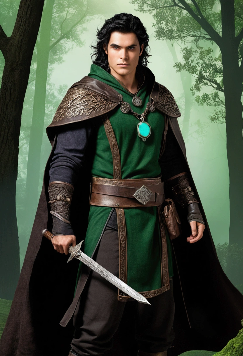 Algust Pine is a man of average height and athletic body, with dark hair and some gray streaks. Your eyes are green and piercing, and he has a thin scar on his left eyebrow. He wears a dark tunic with leather trim and metal plates., a long cape that helps with stealth, and carries a belt with weapons and magical artifacts. Your look is completed by an ancient amulet, a reminder of your past and motivations.