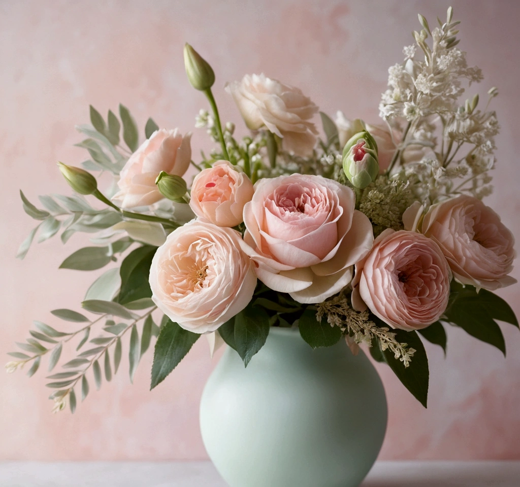 Capture soft, blurred detail shots of a flower arrangement, Delicate shapes and pastel tones create a soft and romantic background
