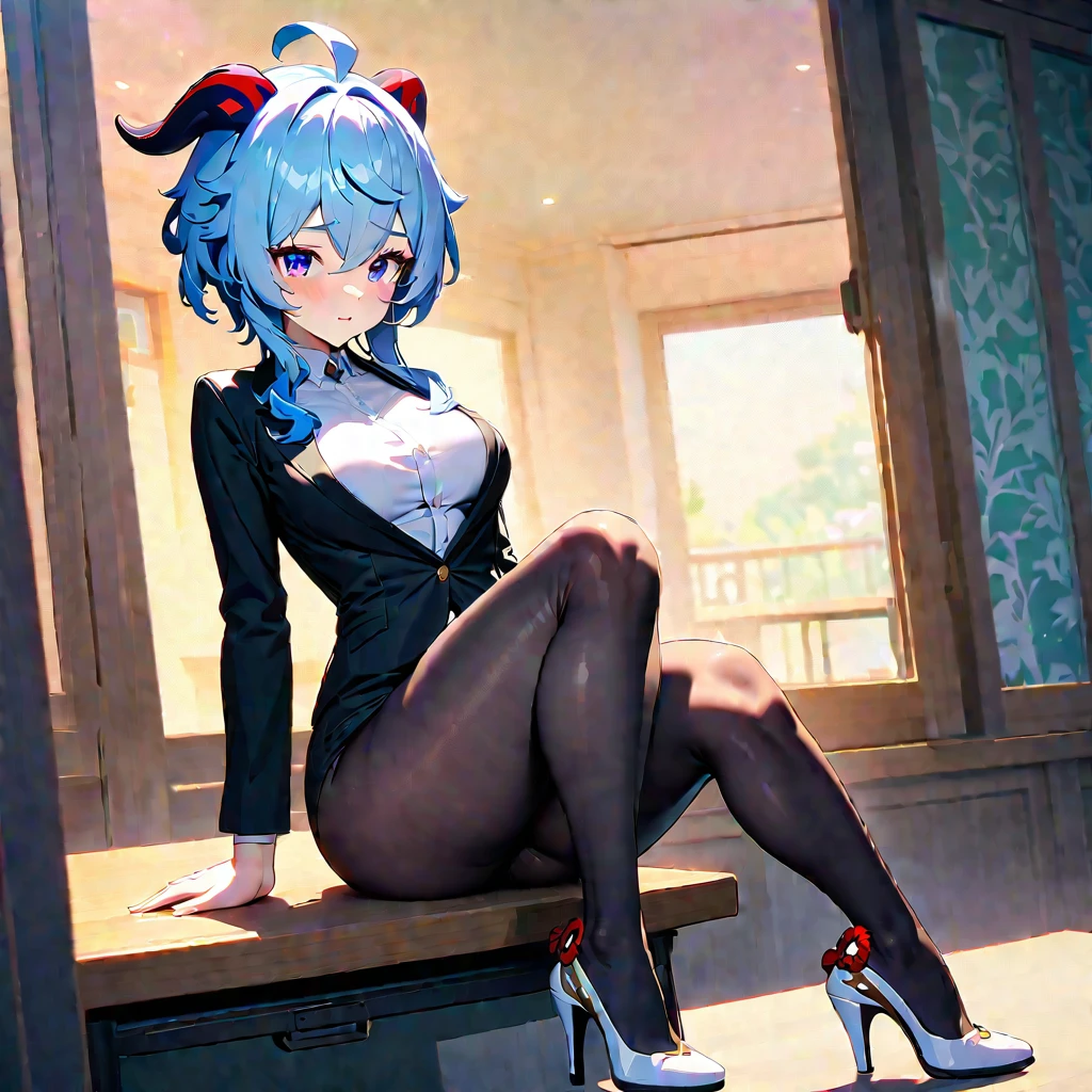 absurd, 8k, high resolution, ultra detailed, vivid colors, wallpaper, perfect lighting, beautiful skin, perfect shadows, beautiful eyes, detailed eyes, detailed face, beautiful face, masterpiece, best quality, detailed clothing, full body , you can see the girl's entire body, ganyu genshin impact, tall woman, face with a tender and embarrassed expression, she is in a classroom , medium breasts, oppai, huge thighs, white shiny heels,black pantyhose,white shirt,black jacket,sitting on desk