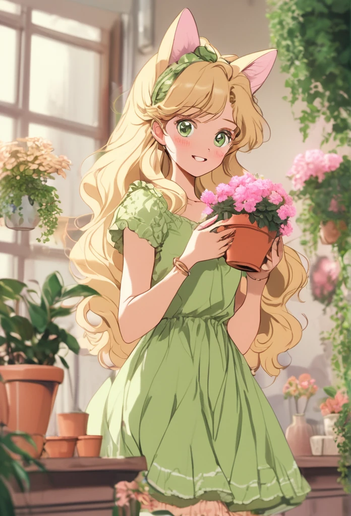 Hojo Tsukasa Manga Style,1 girl, :d, animal ear hair, Animal ears, bangs, black hairband, blonde hair, vague, vague background, depth of field, dress, flower, flower pot, frilled dress, decorate, green dress, green eyes, hairband, holding, long hair, open mouth, pink flower, plant, potted plant, sketch, sleeveless, sleeveless dress, Smile, alone, Tail, wrist cuffs, yellow flower, 1980s (style),8k,masterpiece,Super fine,Rich details,Realistic ray tracing,OC rendererst-person perspective