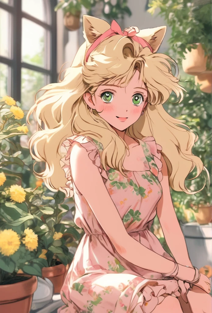 Hojo Tsukasa Manga Style，1 girl, :d, animal ear hair, Animal ears, bangs, black hairband, blonde hair, vague, vague background, depth of field, dress, flower, flower pot, frilled dress, decorate, green dress, green eyes, hairband, holding, long hair, open mouth, pink flower, plant, potted plant, sketch, sleeveless, sleeveless dress, Smile, alone, Tail, wrist cuffs, yellow flower, 1980s (style)，8k，masterpiece，Super fine，Rich details，Realistic ray tracing，OC rendererst-person perspective