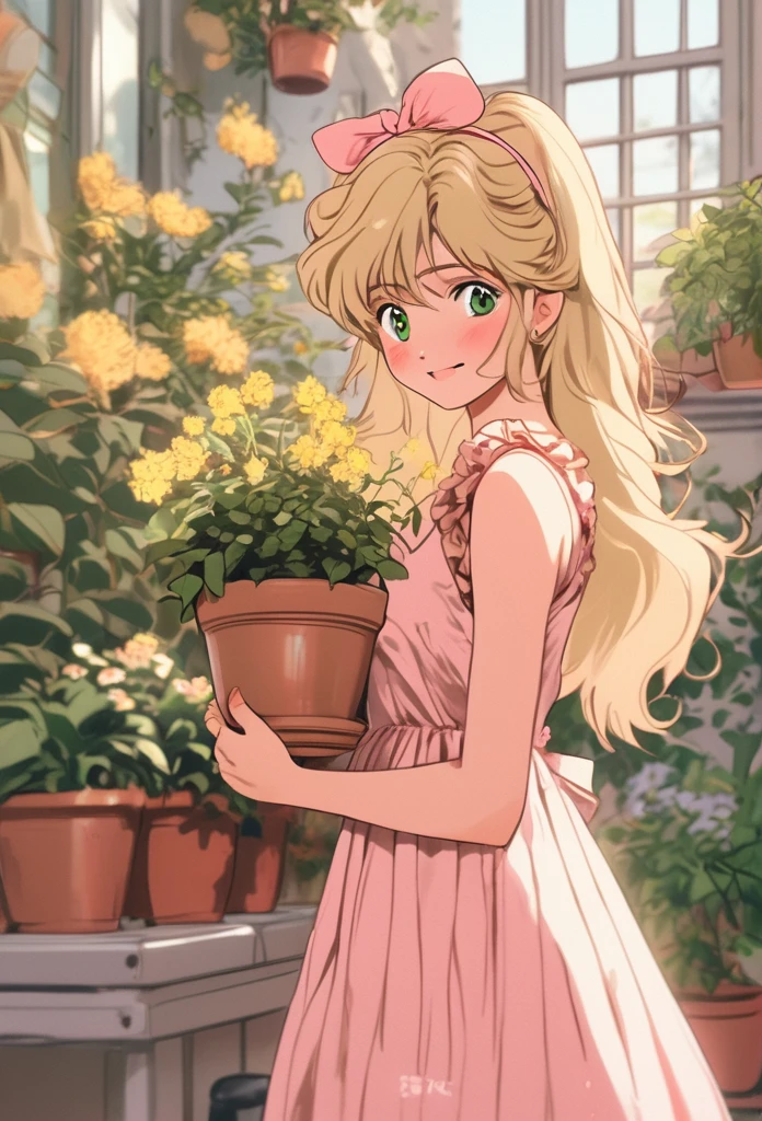 Hojo Tsukasa Manga Style,1 girl, :d, animal ear hair, Animal ears, bangs, black hairband, blonde hair, vague, vague background, depth of field, dress, flower, flower pot, frilled dress, decorate, green dress, green eyes, hairband, holding, long hair, open mouth, pink flower, plant, potted plant, sketch, sleeveless, sleeveless dress, Smile, alone, Tail, wrist cuffs, yellow flower, 1980s (style),8k,masterpiece,Super fine,Rich details,Realistic ray tracing,OC rendererst-person perspective