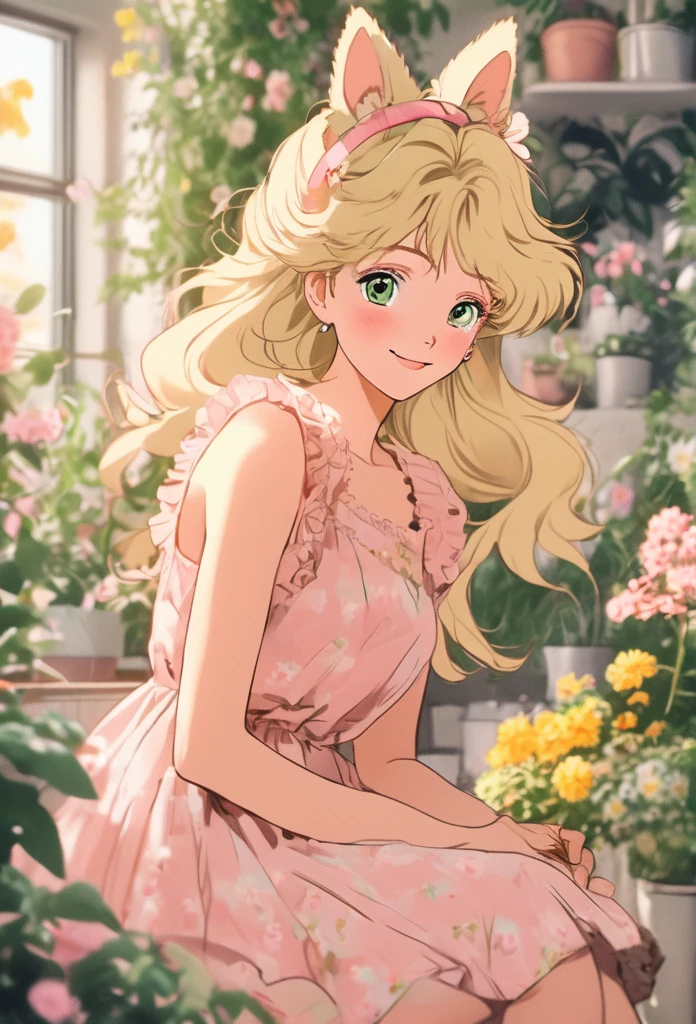 Hojo Tsukasa Manga Style，1 girl, :d, animal ear hair, Animal ears, bangs, black hairband, blonde hair, vague, vague background, depth of field, dress, flower, flower pot, frilled dress, decorate, green dress, green eyes, hairband, holding, long hair, open mouth, pink flower, plant, potted plant, sketch, sleeveless, sleeveless dress, Smile, alone, Tail, wrist cuffs, yellow flower, 1980s (style)，8k，masterpiece，Super fine，Rich details，Realistic ray tracing，OC rendererst-person perspective