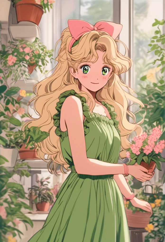 Hojo Tsukasa Manga Style,1 girl, :d, animal ear hair, Animal ears, bangs, black hairband, blonde hair, vague, vague background, depth of field, dress, flower, flower pot, frilled dress, decorate, green dress, green eyes, hairband, holding, long hair, open mouth, pink flower, plant, potted plant, sketch, sleeveless, sleeveless dress, Smile, alone, Tail, wrist cuffs, yellow flower, 1980s (style),8k,masterpiece,Super fine,Rich details,Realistic ray tracing,OC rendererst-person perspective