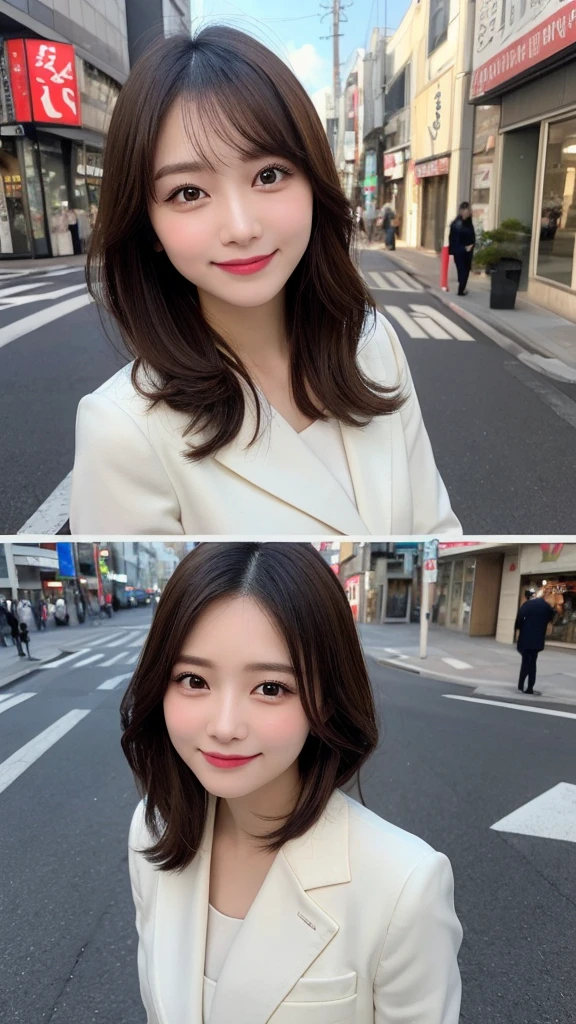 Highest quality, Very detailed, finely, High resolution, 8k wallpaper, Perfect dynamic composition, Beautiful and exquisite,ランダムなcute髪,,Natural color lip, Bold sexy pose,smile、20-year-old girl、cute、Looking into the camera,,Perfect and beautiful face,Slim face and figure,Big eyes、Gal Makeup,Small face,Shooting from below、smile,Blurred Background,Elegant feminine face、Change pose randomly、Randomly change the shooting angle and position、smile、Top to bottom々Shoot from the right angle and direction、Sexy Face、Standing in the streets of Asakusa、suit