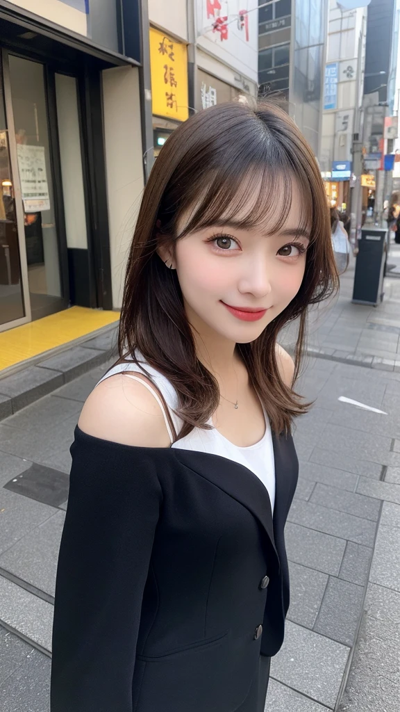 Highest quality, Very detailed, finely, High resolution, 8k wallpaper, Perfect dynamic composition, Beautiful and exquisite,ランダムなcute髪,,Natural color lip, Bold sexy pose,smile、20-year-old girl、cute、Looking into the camera,,Perfect and beautiful face,Slim face and figure,Big eyes、Gal Makeup,Small face,Shooting from below、smile,Blurred Background,Elegant feminine face、Change pose randomly、Randomly change the shooting angle and position、smile、Top to bottom々Shoot from the right angle and direction、Sexy Face、Standing in the streets of Asakusa、suit