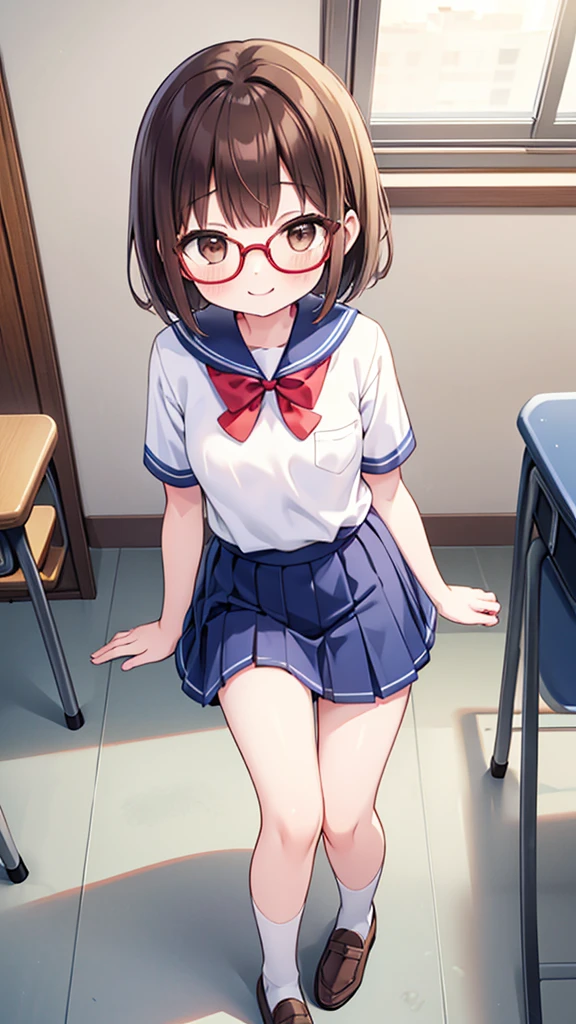 Comical movement、fun、comical smile、Shynesischief、Expectations、surprise、Shyness、School、classroom、pretty girl , Shooting from below, One Girl, Brown Hair、Very short hairstyle, Brown eyes、Red frame glasses、Short sleeve white blouse, Navy Blue Skirt, Navy blue socks, Brown Loafers, I can see her white panties、Thin legs、Small breasts, soft-looking body、Normal body type、in nichijo style、Simple illustration、Masterpiece